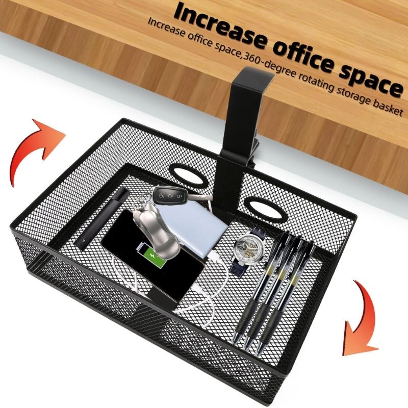 360 Degree Rotating Under Desk Storage Organizer Large Capacity Drawer Office Supplies Holder Metal Wire Basket