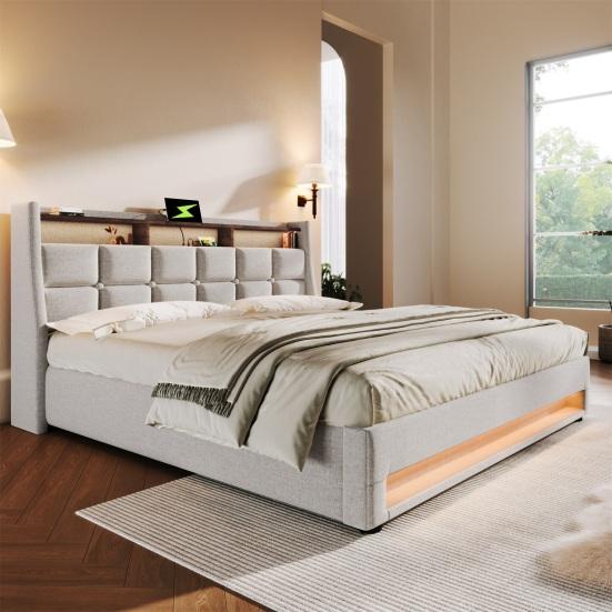 Upholstered Bed with USB 180x200cm, LED Double Bed with Slatted Metal Frame, Bed Frame Made of Linen Material Youth Bed (without Mattress)