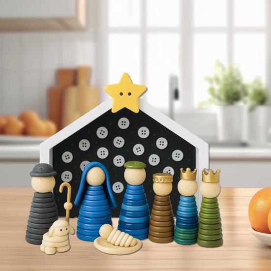 DIY Button Nativity Scene Craft Kit with Buttons & Beads Handmade Christmas Ornament Activity