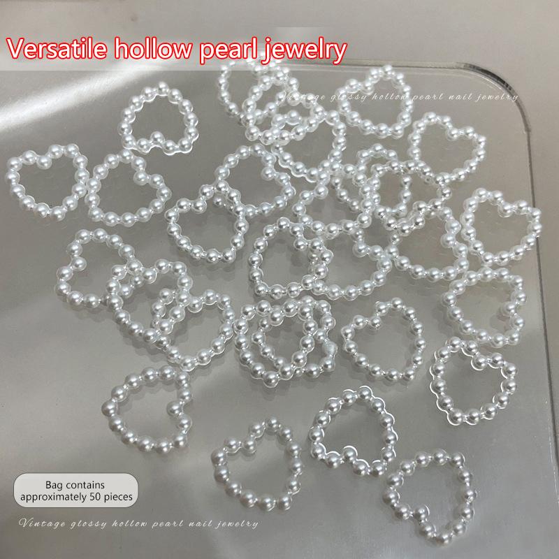 50Pcs White Purple Pink Heart Pearl Nail Decoration Hollow Charms Bulk 3D Nail Art Accessories For Women Girl Nails