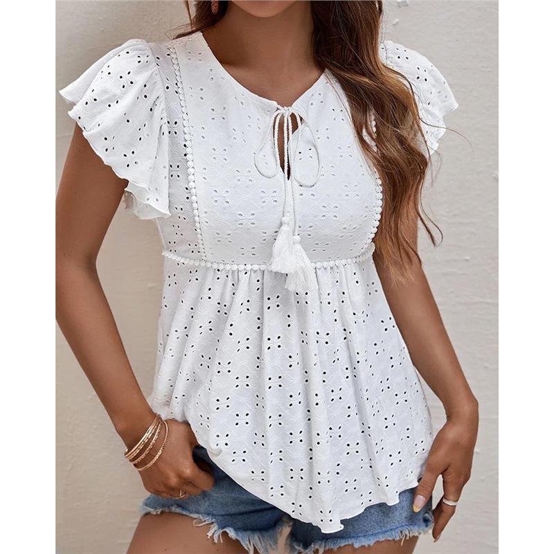 

Summer 2023 Elegant V-Neck Women s Plus Size Jacquard Tassel Top Medium білий