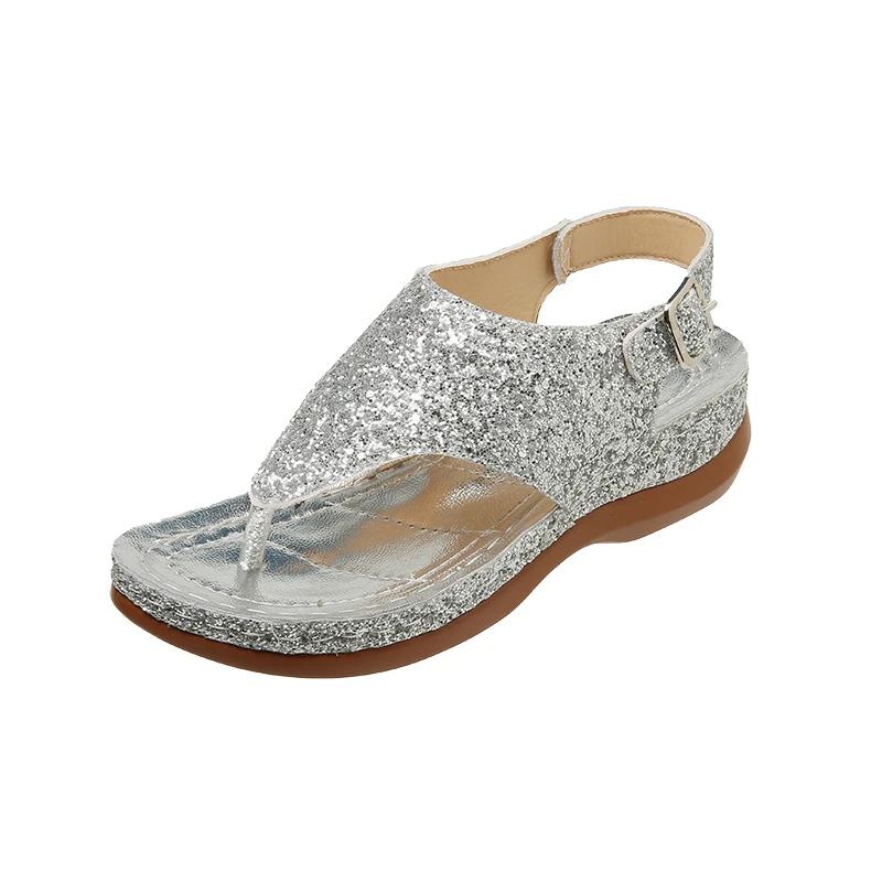 

Fashion Shoes for Women 2025 Summer Clip Toe Women s Sandals Platform Rome Sandals Gold Bling Casual Wedges Shoes Women Sandalias 43 серебряный