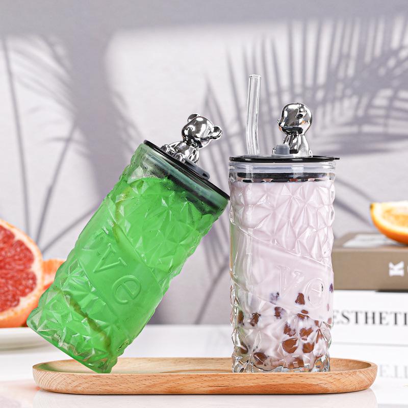 Ins Glass Love Straw Cup with Lid - Portable Diamond Bear Design for Office & Cold Brew Coffee