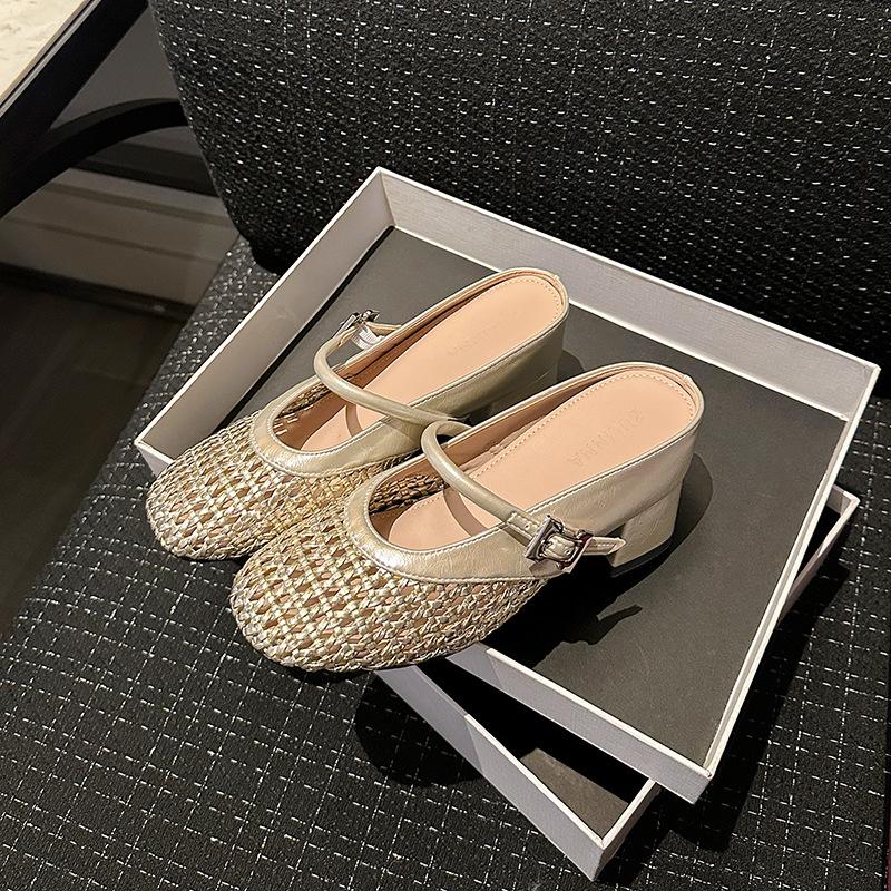 Inner Height Increase Hollow Woven Bag Head Half Slippers Women's Summer Word with Lazy Cool Slippers