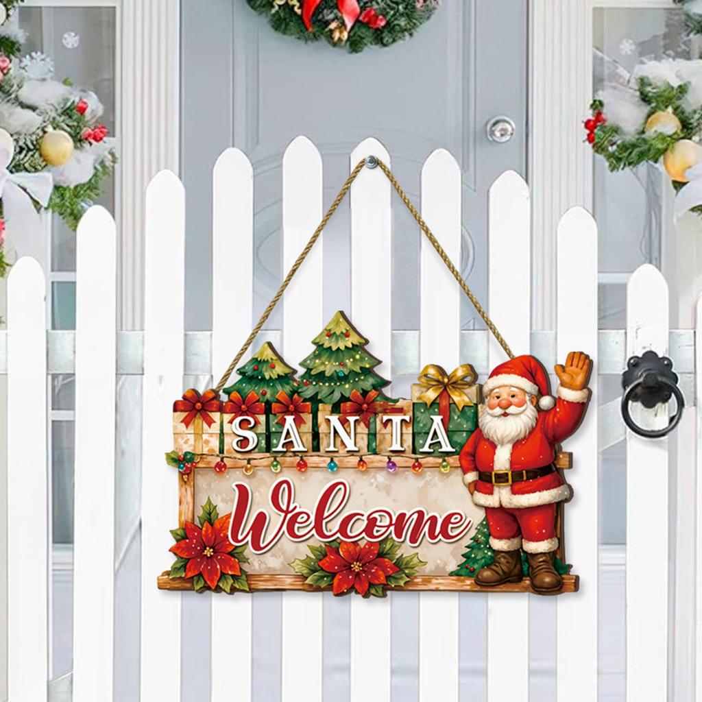 Christmas Door Hanging Wooden Christmas American Welcome Doorplate Wreath Pendant Hanging Decoration Sign Wall Decoration