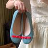 Sheepskin Version~ French Bow Round Head Ballet Shoes Women's Blue Flats Fairy Evening Breeze Light Mouth Single Shoes