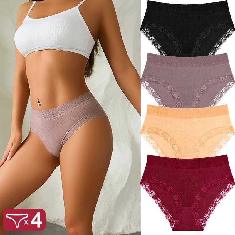 FINETOO 4Pcs Lace Plus Size Underwears Women's Sexy Panties High Quality Striped Briefs Girls Solid Sports Comfortable Lingerie
