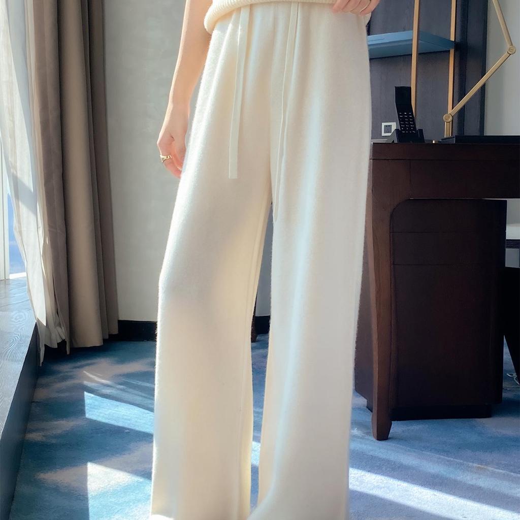 Women's Thickened Wool Knit High-Waisted Wide-Leg Floor-Length Pants for Autumn/Winter