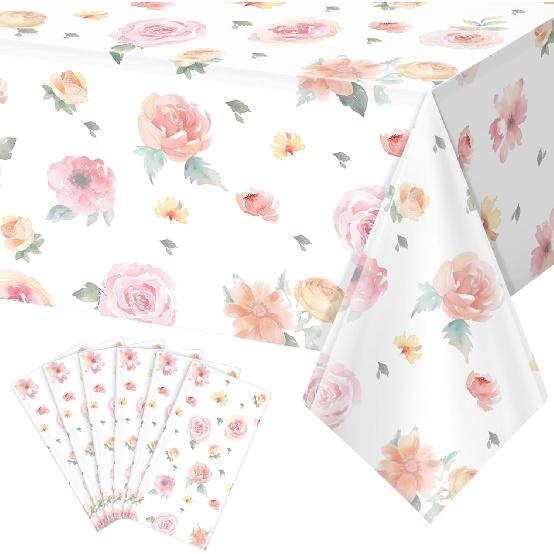 3 Pcs Spring Floral Tablecloth, Pink Wildflower Plastic Disposable Tablecloth Rectangle Table Covers for Easter, Birthday, Wedding, Baby Shower, Tea