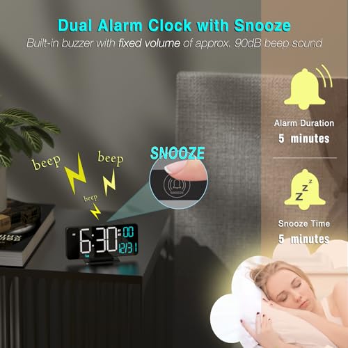 Ceas Digital KOSUMOSU pentru Dormitor, Ceas Deșteptător Digital Mic de 6,7 inch, Negru, Dimabil, 12/24 Ore, Dată, Ziua Săptămânii, Temperatură Interioară, Clasă