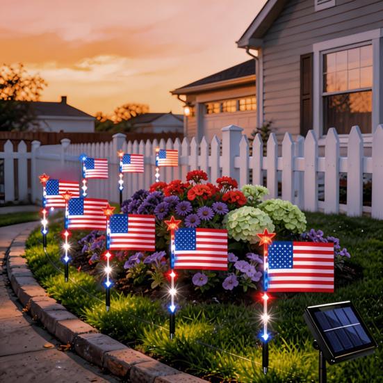 8Pcs Solar Stake Lights Waterproof Outdoor LED Pathway Lights with 8 Modes Red White Blue Solar Powered Garden Stakes Lights for Independence Day 4th