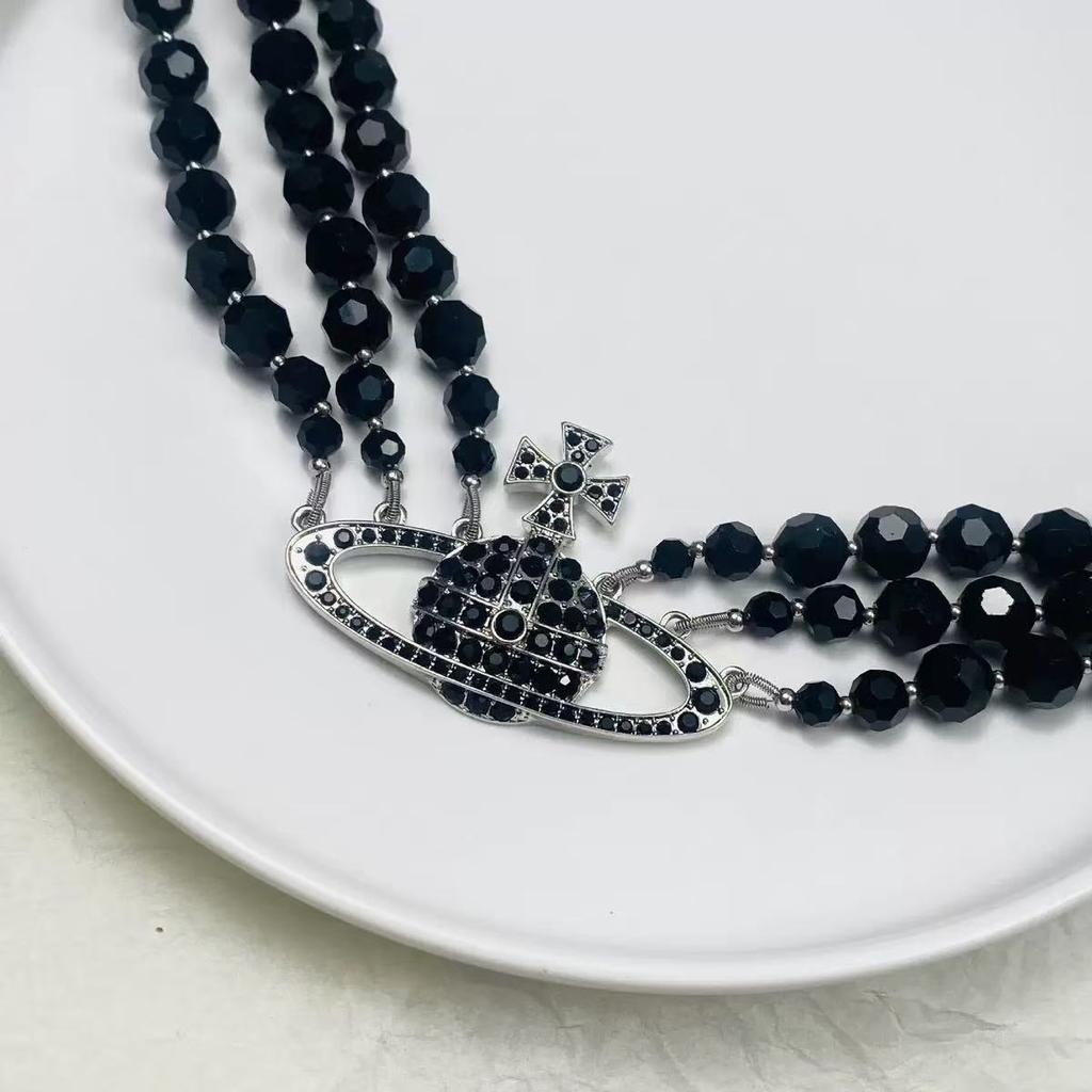 2025 Fashion Charm Saturn Black Beads Queen Dowager Necklace Three Layer Heavy Industry Choker Clavicle Chain Trendy Female