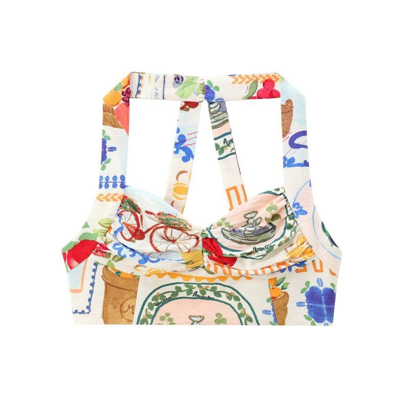 

Island Travel Notes Summer Beautiful Atmosphere Seaside Vacation Print Sling Hanging Neck Top + Poncho Skirt Two-piece Set Print Tops M