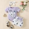 Summer Elephant Print T-shirt & Shorts Set for Baby Girls - Flutter Sleeve Romper with Bow Shorts
