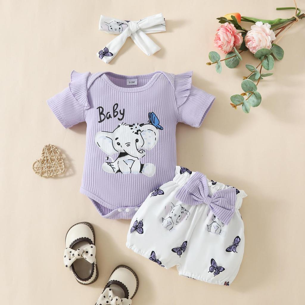 Summer Elephant Print T-shirt & Shorts Set for Baby Girls - Flutter Sleeve Romper with Bow Shorts