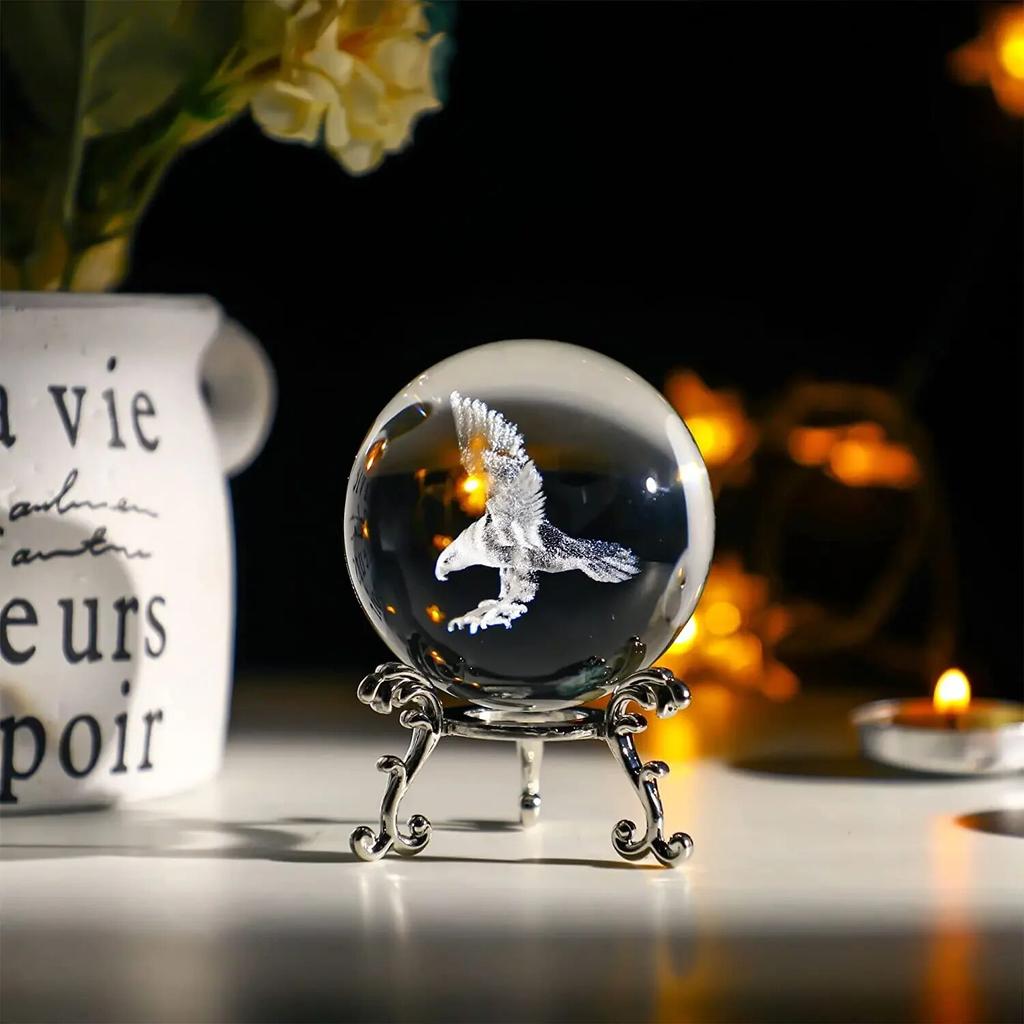 60mm 3D Crystal Ball Laser Engraved Glass Ornaments Animal Figurine Collectibles Paperweight Home Art Decor with Stand