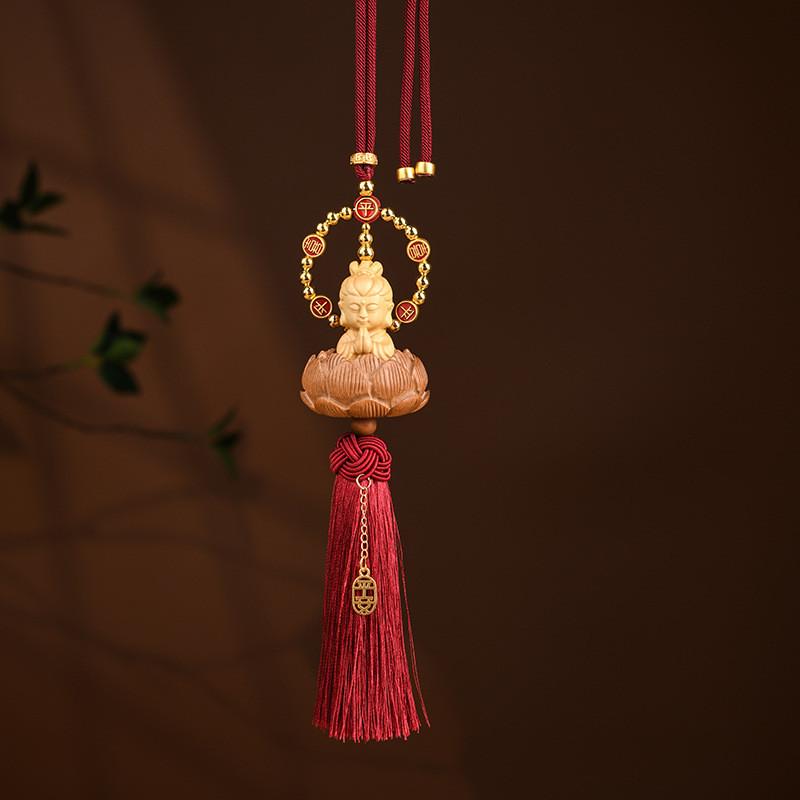 Buddha Lotus Car Charm With Olive Wood Material For Peaceful Vehicle Interior Decoration