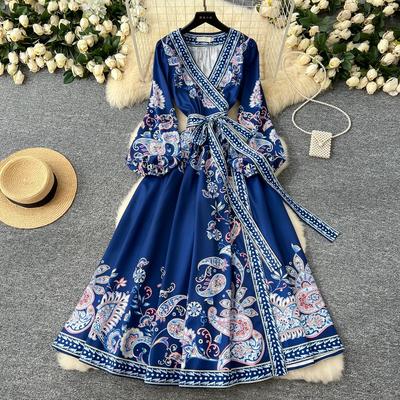New Printted High Street Dresses For Women V Neck Long Sleeve Patchwork Sashes Temperament Dress Female Dresses