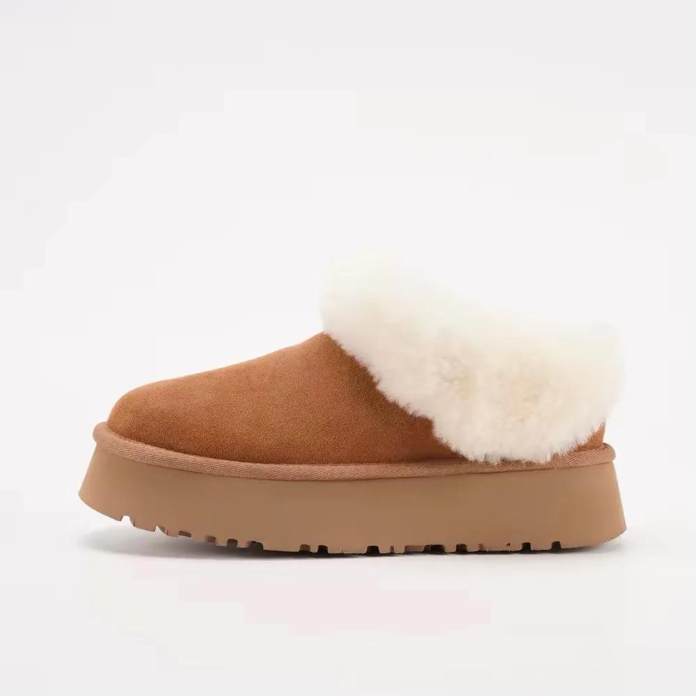 Bottes à Plateforme Classiques d'Hiver pour Femmes Dame Cuir Véritable Peau de Mouton Laine Bottes de Neige Nouveau Design Antidérapantes Semelles Épaisses Chaussures Chaudes en Fourrure 40 marron