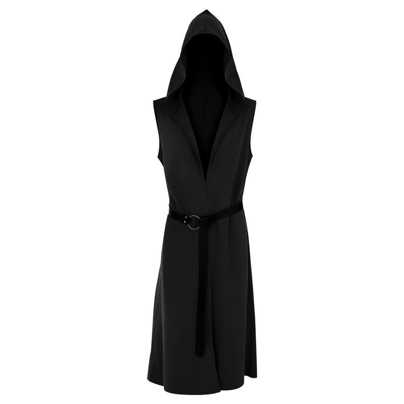 Mantello Cappotto Vintage Medievale Lunga Veste Senza Maniche con Cappuccio Scollo a V Profondo Aperto Davanti Vita Stretta Costume da Palco Halloween Mago Mantello