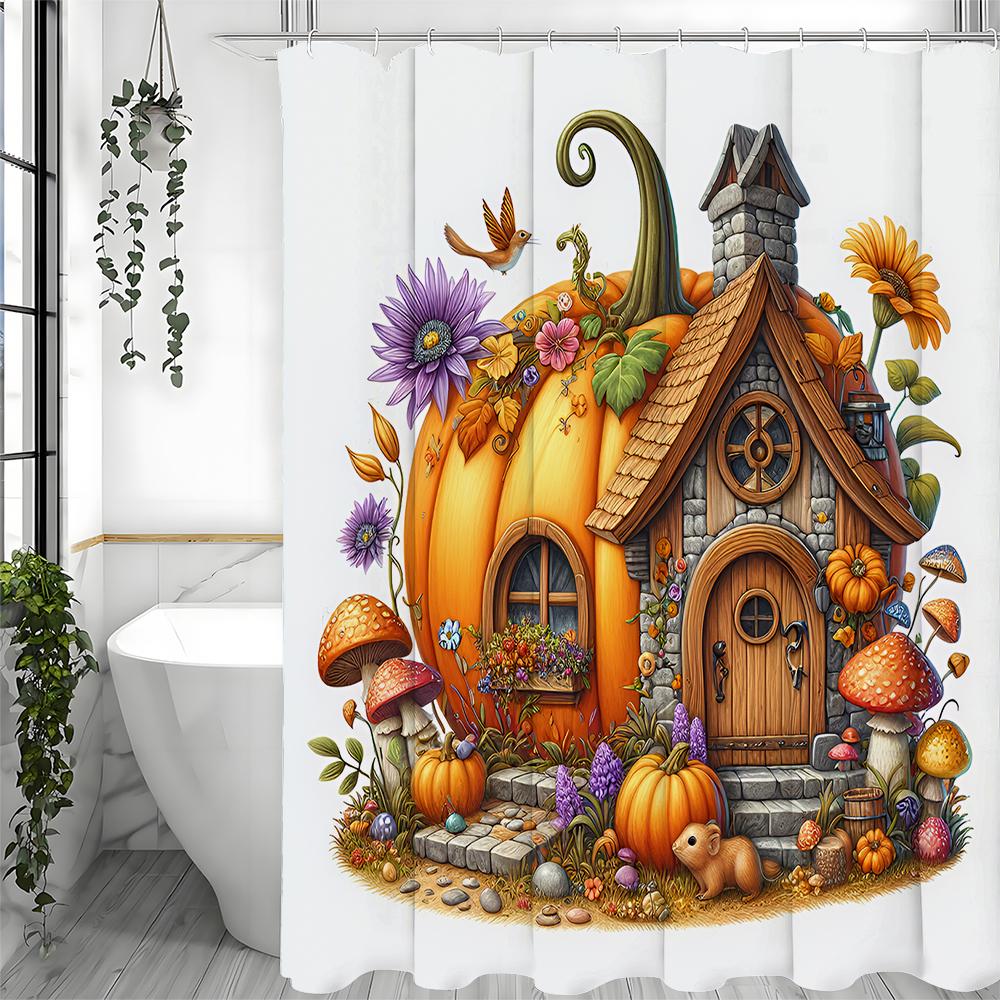 Jesienna Dyniowa Chata Kwiatowa Grzybowa Zasłona Prysznicowa, Dekoracyjna Zasłona Prysznicowa do Łazienki, Wodoodporna Zasłona Prysznicowa z Haczykami