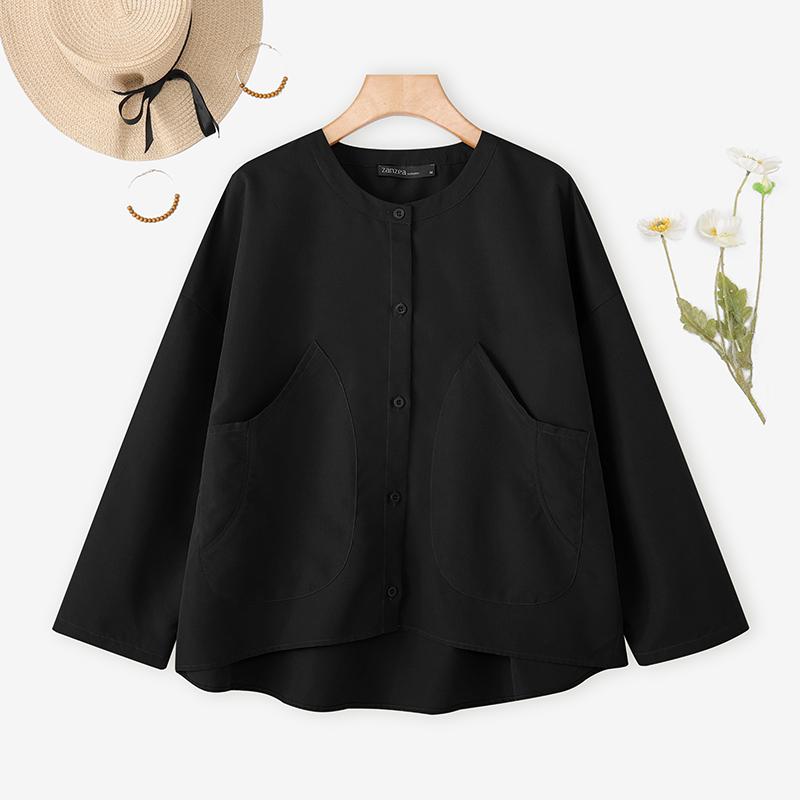 ZANZEA Women Casual Round Neck Loose Long Sleeve Solid Blouse