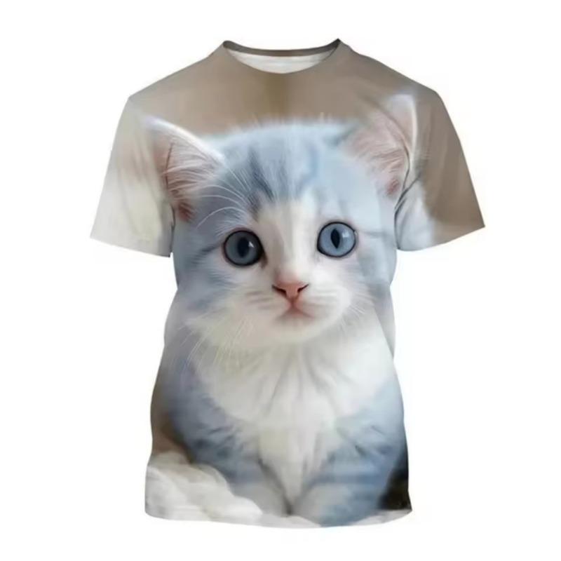Fashion Korean Kids Clothes Cute Cat Print Tees Children's T-Shirt Girls Summer Clothes Kawaii Crew Neck Junior Girls' Clothing