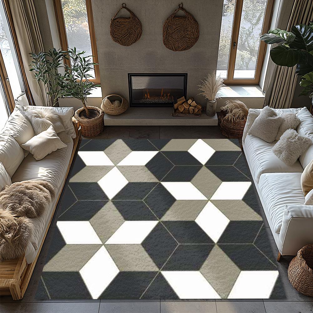 Tuniu Geometric Hexagon Grey Black Rug Non-Slip Floor Mat Living Room Bedroom Kitchen Decor
