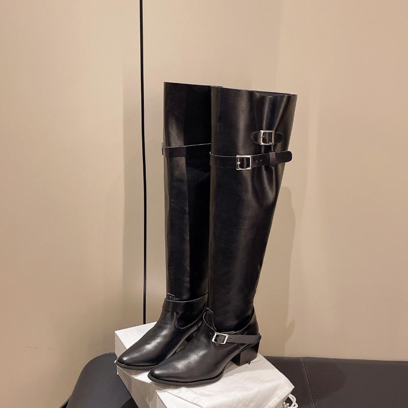 2025 New Over-the-Knee High Boots Fall Winter Pointed Toe Metal Belt Buckle Non-Slip Block Heel Stack Knight Boots
