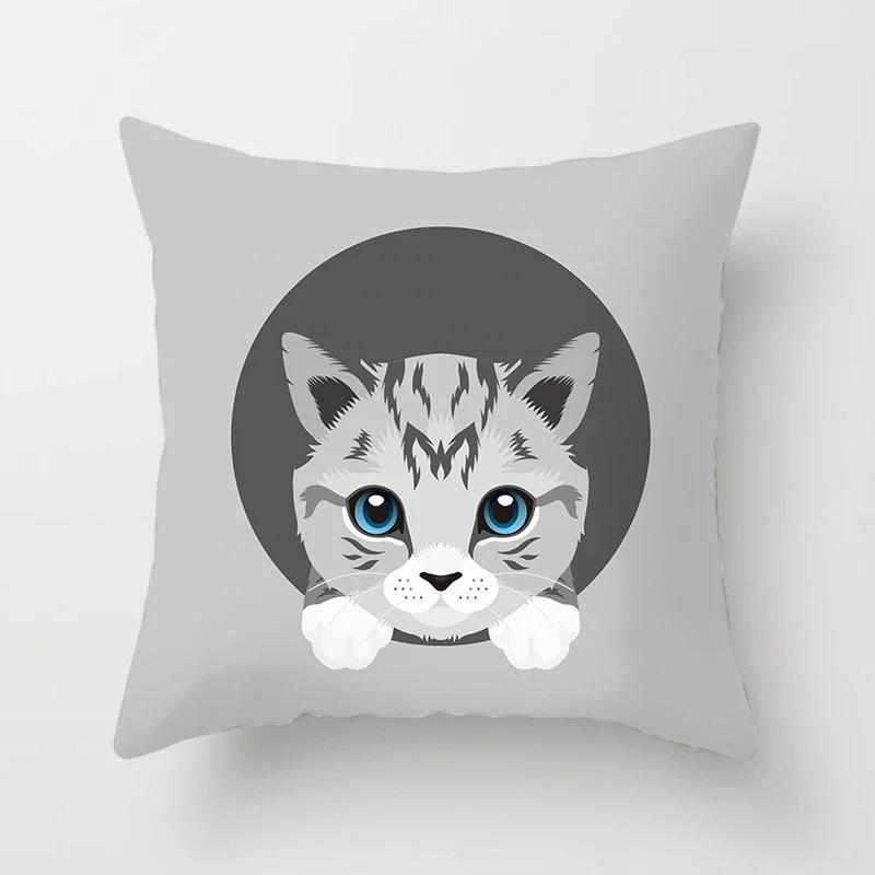 Cute Cat Round Head Home Decor Cushion Cover Naughty Cat Sofa Car Decoration 45X45Cm Pillowcase Square Polyester Pillowcase