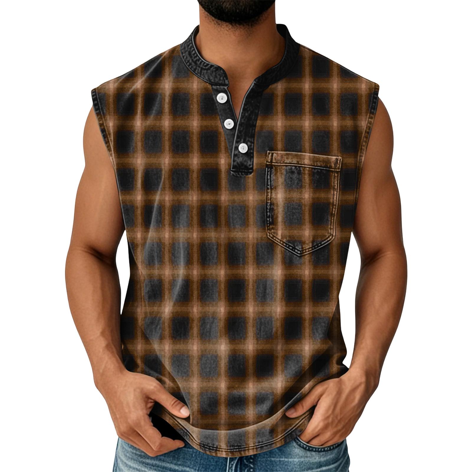 

Men Sleeveless Plaid Print Button Down Casual Vest with Chest Pocket Classic Fit Lightweight Shirt Top M коричневий