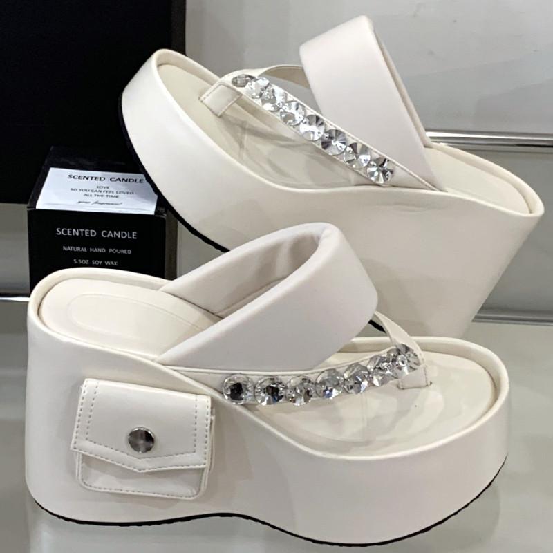 Fashion Rhinestone Thick Bottom Non-slip Women Sandals 10 Cm Super-high Heel Clip Toe Flip-flops Summer Casual Comfortable Beach Slipper