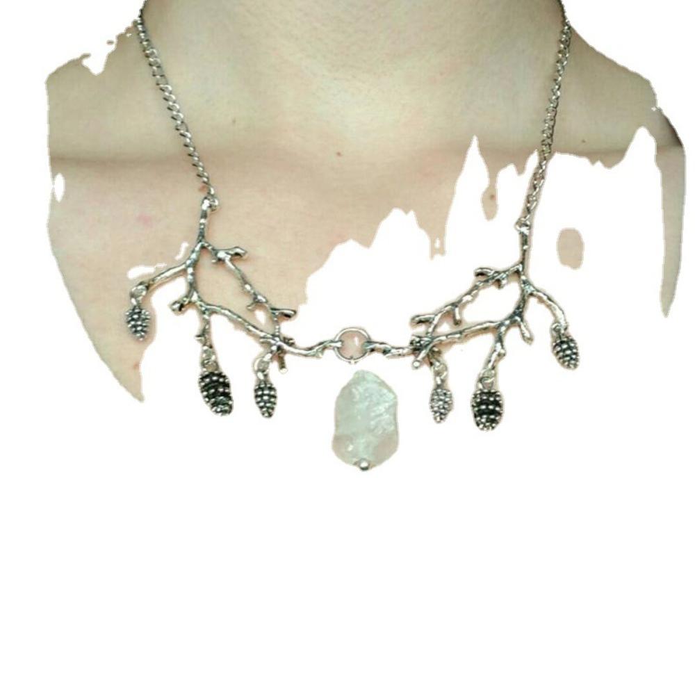 Gothic Retro Silver Color Tree Branch Pinecone Irregular White Crystal Tassel Pendant for Women Halloween Forest Witch Jewelry
