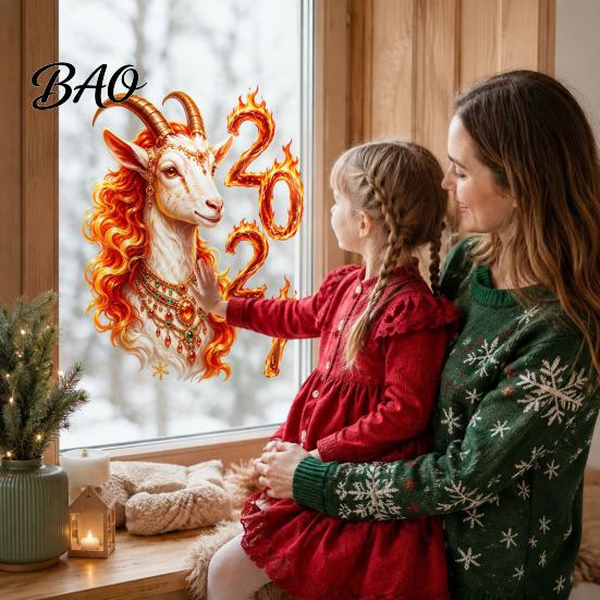 Lively New Year Party Decor Chinese Window Sticker, 2027 Goat Static Clings, Festive Glass Surface Adornment Reusable Lunar Xmas for Home Shop