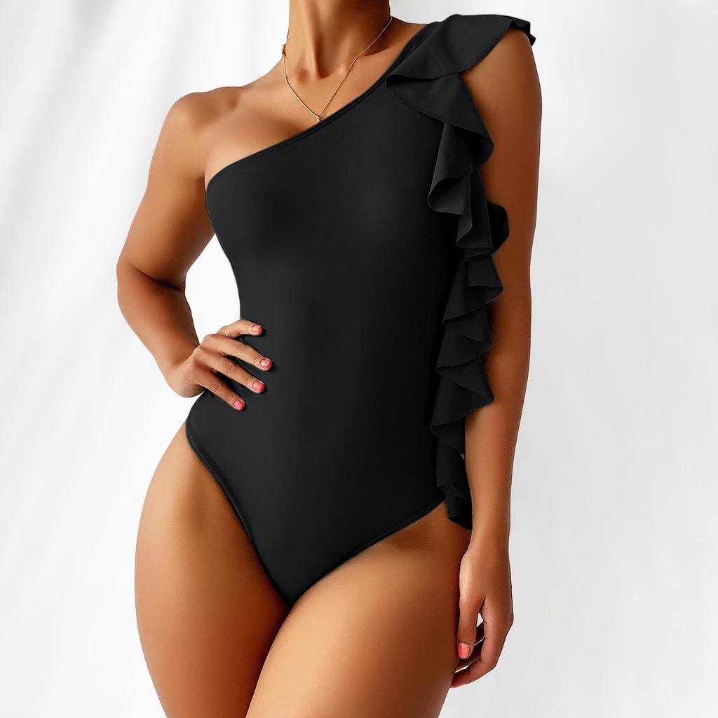 Women's Solid Color One-Piece Ruffle One Shoulder Bikini With Chest Pad Without Steel Bra Swimsuit