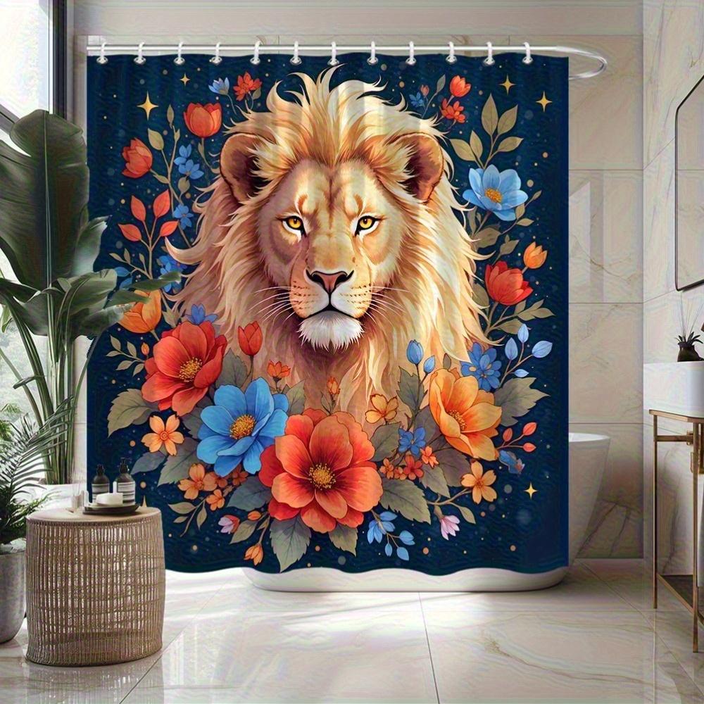 1pc Majestic Lion Head Shower Curtain, Golden Mane, Amber Eyes& Red/Blue Trim- Dreamy Art Bathroom Decoration, Machine Washable 90x180cm35x71in