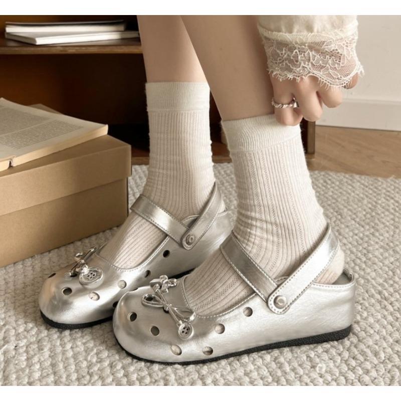 

Fashion Summer New Fashion Wear Round Toe Straight Buckles Casual and Comfort Women s Flats Cut-out Mary Jane Single Shoes Fishnet Shoes 40 серебряный