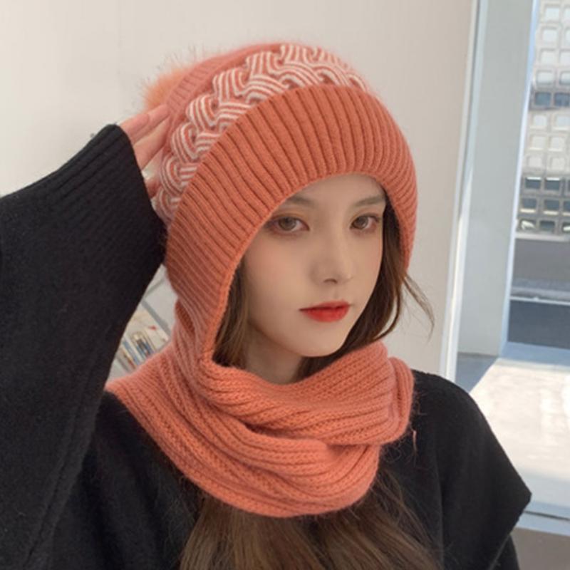 Korean Style Hat Scarf Set Women Winter Warm Cycling Ear for Protection Windproof Knitted Wool Pullover Cap Scarf for Wo