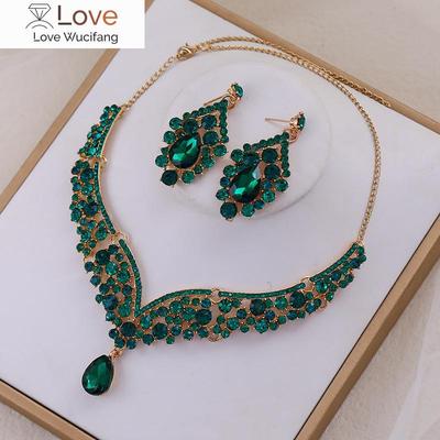 Braut Grüne Kristall Halskette Ohrring Krone Zubehör Strass Multicolor Halskette Ohrring Set Hochzeit Zubehör Halsketten