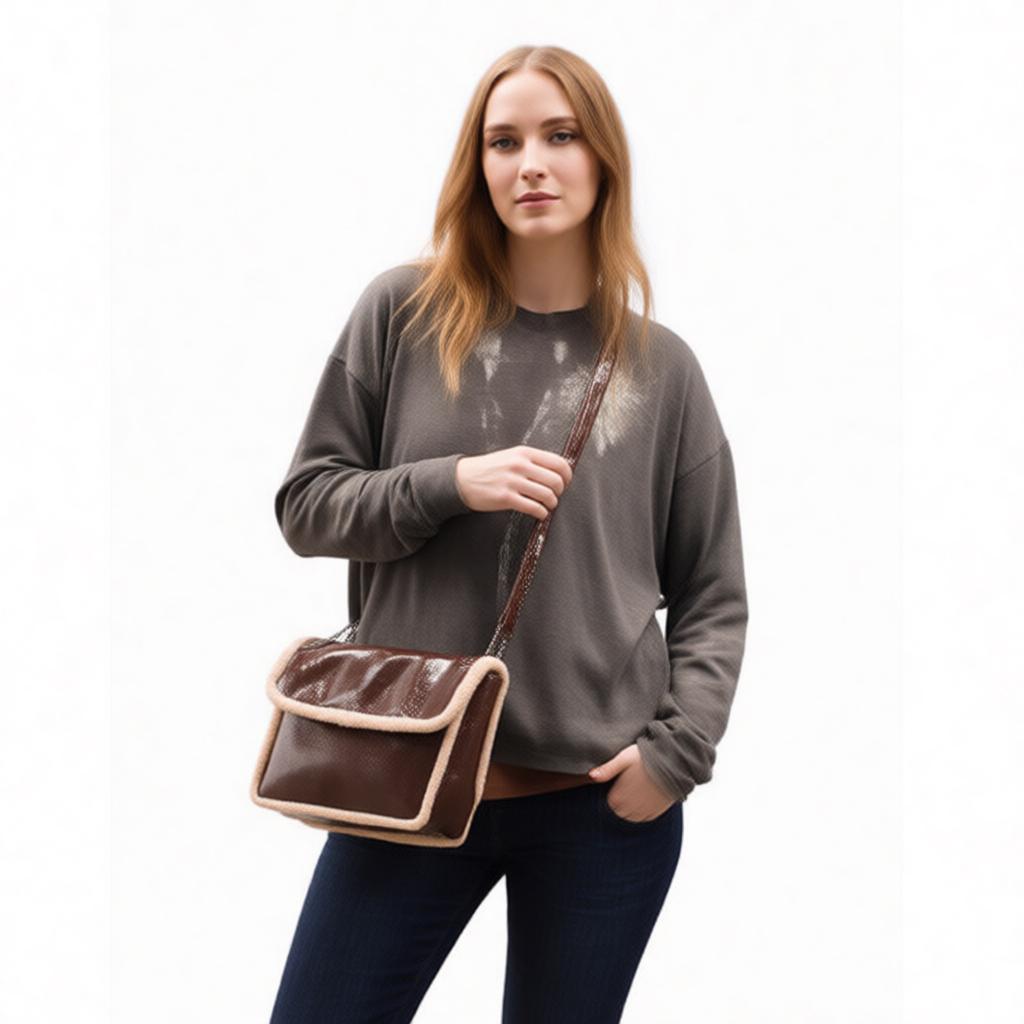 Women's Shoulder Bag Autumn Winter Fashion Lamb Wool PU Splicing Crossbody Bags Large Capacity Oil Wax Leather Chain Handbags