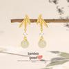 Natural Hetian Jade Bamboo Leaf Earrings with S925 Sterling Silver and Imitation Pearl - New Chinese Style Light Luxury for Women