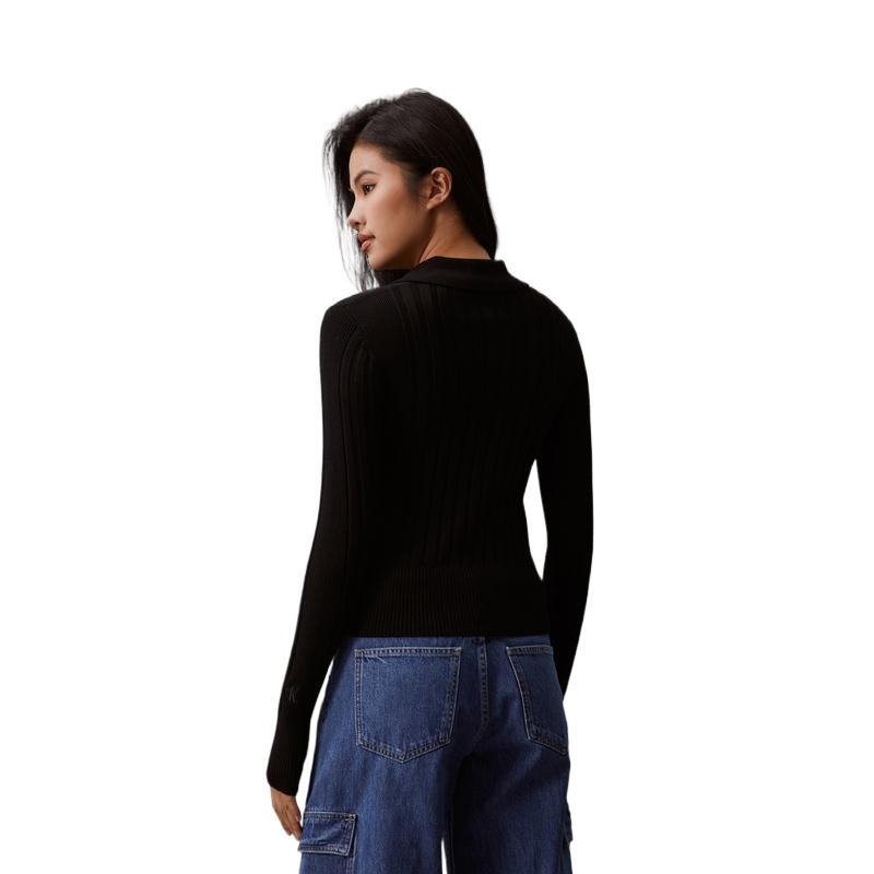 Calvin Klein Solid Color Polo Neck Casual Double Zipper Knit Sweater Women sweater Space-Black J223331