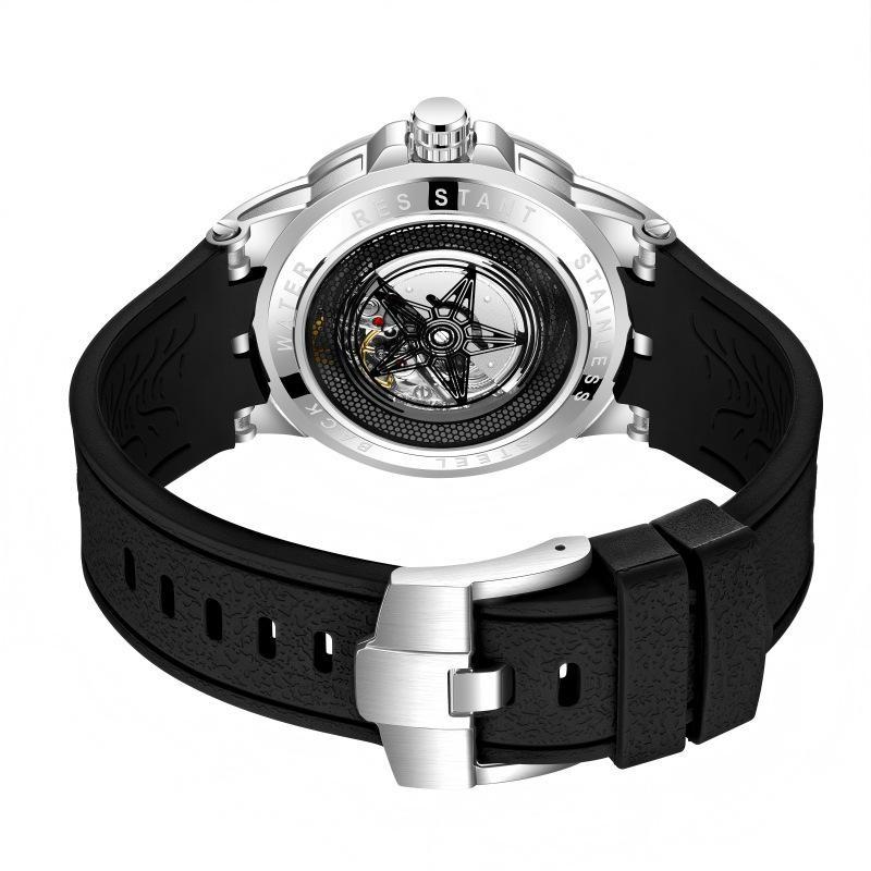 Men Luxury Rainbow Zircon Bezel Skeleton Quartz Watch Luminous Hands Waterproof Silicone Strap Hip Hop Sport Wristwatch Male Gift Clock