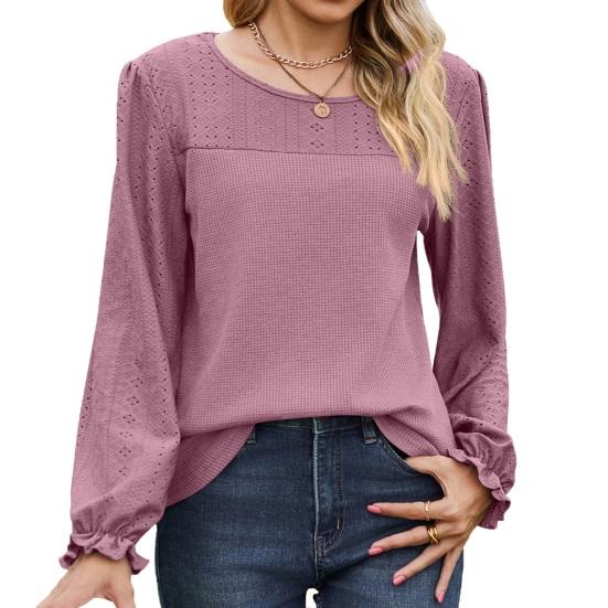 Tops de Mujer Cuello Redondo Manga Larga Abullonada Color Sólido Camiseta con Decoración Waffle Color Sólido Camiseta de Ajuste Holgado