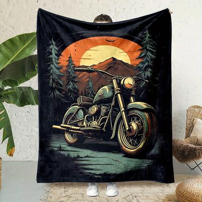Motorcycle Sunset Pattern Flannel Printed Blanket Suitable for All Seasons Suitable for Living Room Office Sofa and Travel