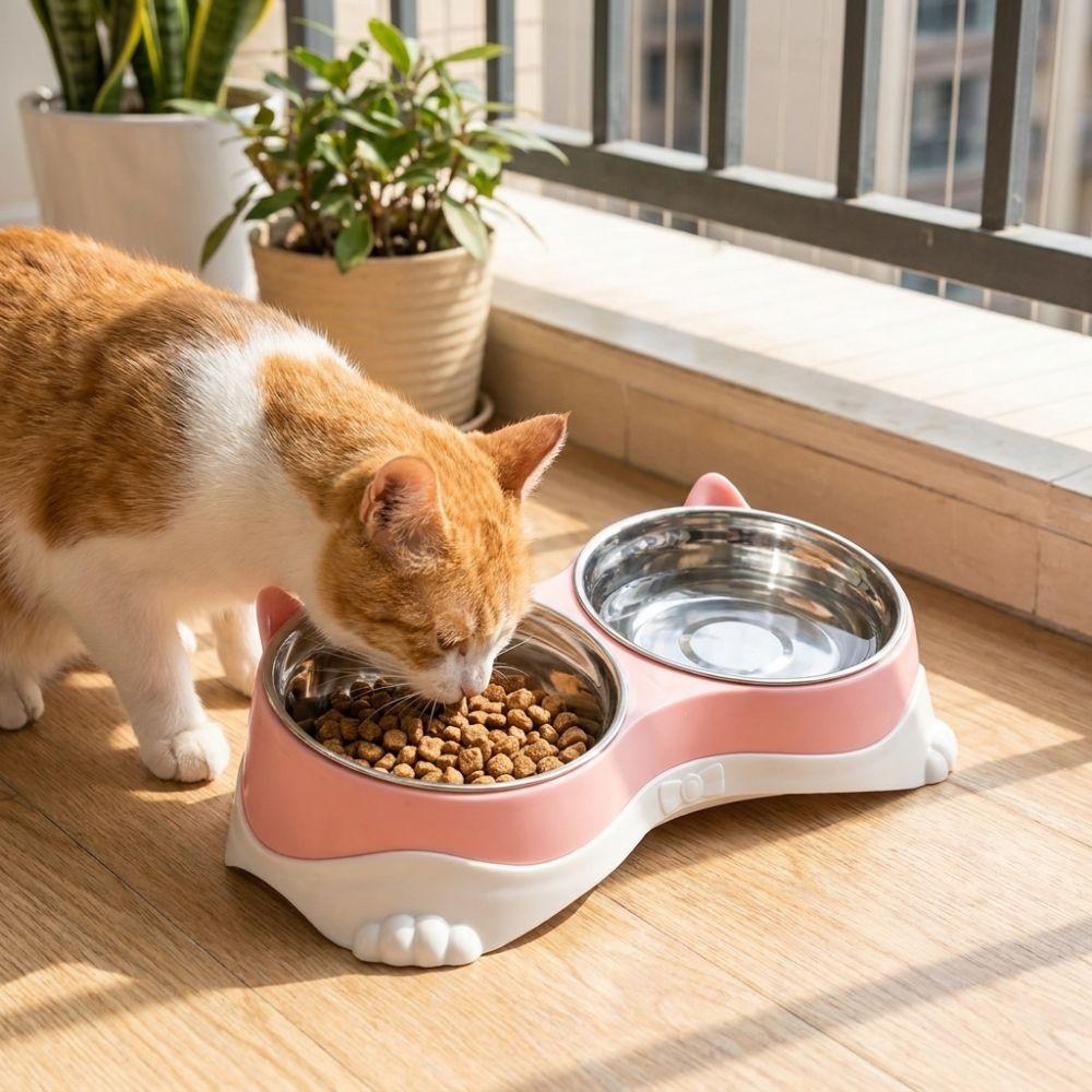 Non-Skid Cat Ear Pet Double Bowl Anti-spill Pet Feeding Bowl  Small Pet Food Bowl