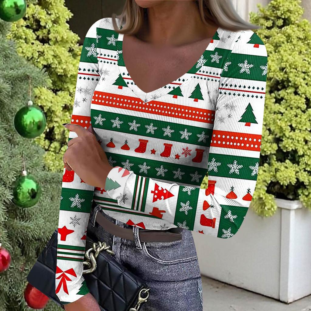 Dámské zimní přiléhavé základní tričko Módní vánoční potisk Výstřih do V Pulovr Top s dlouhým rukávem