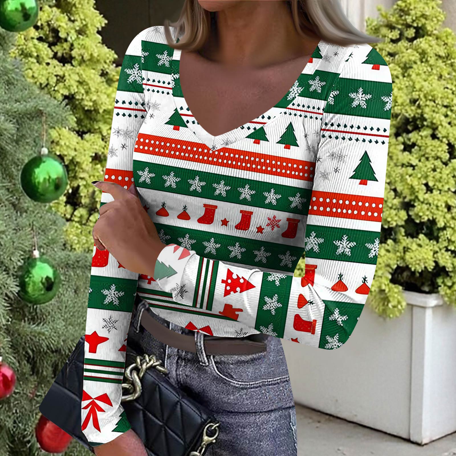 

Жіноча зимова приталена базова футболка Модний різдвяний принт V-подібний виріз Пуловер з довгими рукавами Топ L зелений