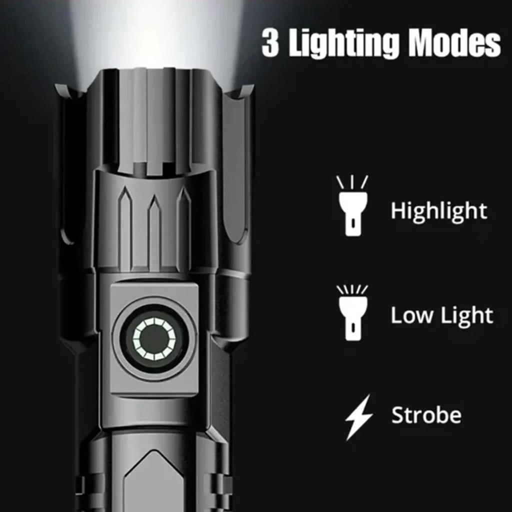 1/2/3Pcs Bright Portable Zoom LED Flashlight Built-in Battery USB-C Rechargeable Emergency Torch Outdoor 3 Lighting Modes