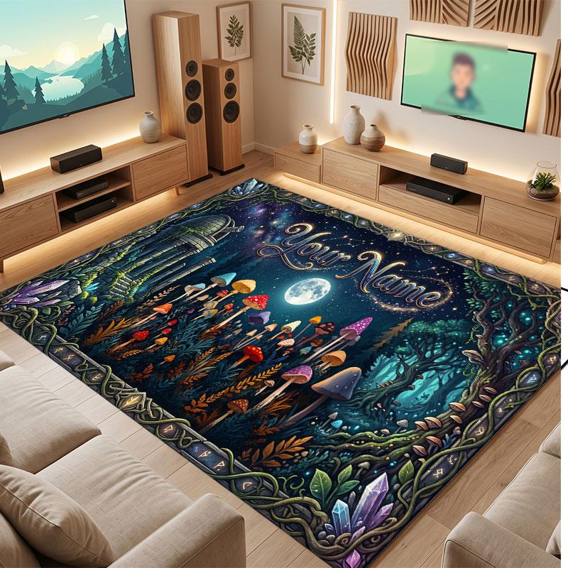 Mushroom Forest Theme Crystal Velvet Floor Rug Personalized Custom Name Text Warm Carpet Home Decoration